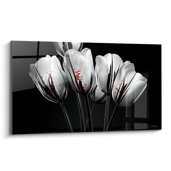 Tableau Tulipes blanches éclaboussures rouges fond noir - Éclat suspendu - Edition Tulipe