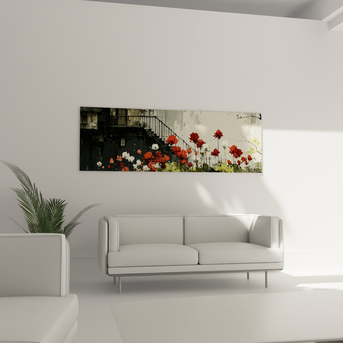 Bouquet de tulipes rouges et blanches accroché au-dessus d'un canapé dans un salon lumineux