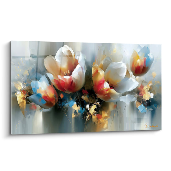 Tulipes blanches aux cœurs corail et éclats dorés peintes sur fond gris pâle et bleu pastel