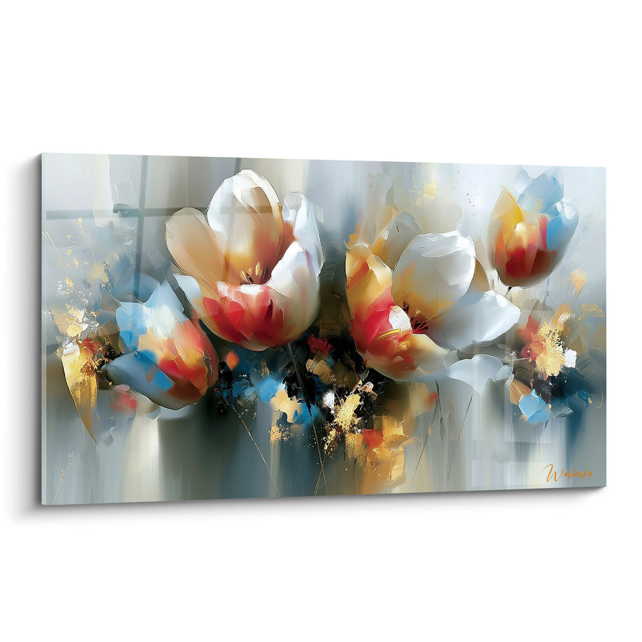 Tableau Tulipes blanches et rouges aux éclats dorés - Bouquet sur fond gris - Edition Tulipe