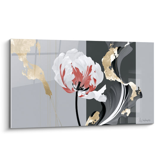 Tulipe blanche et corail aux pétales détaillés sur fond gris et volutes noires dorées