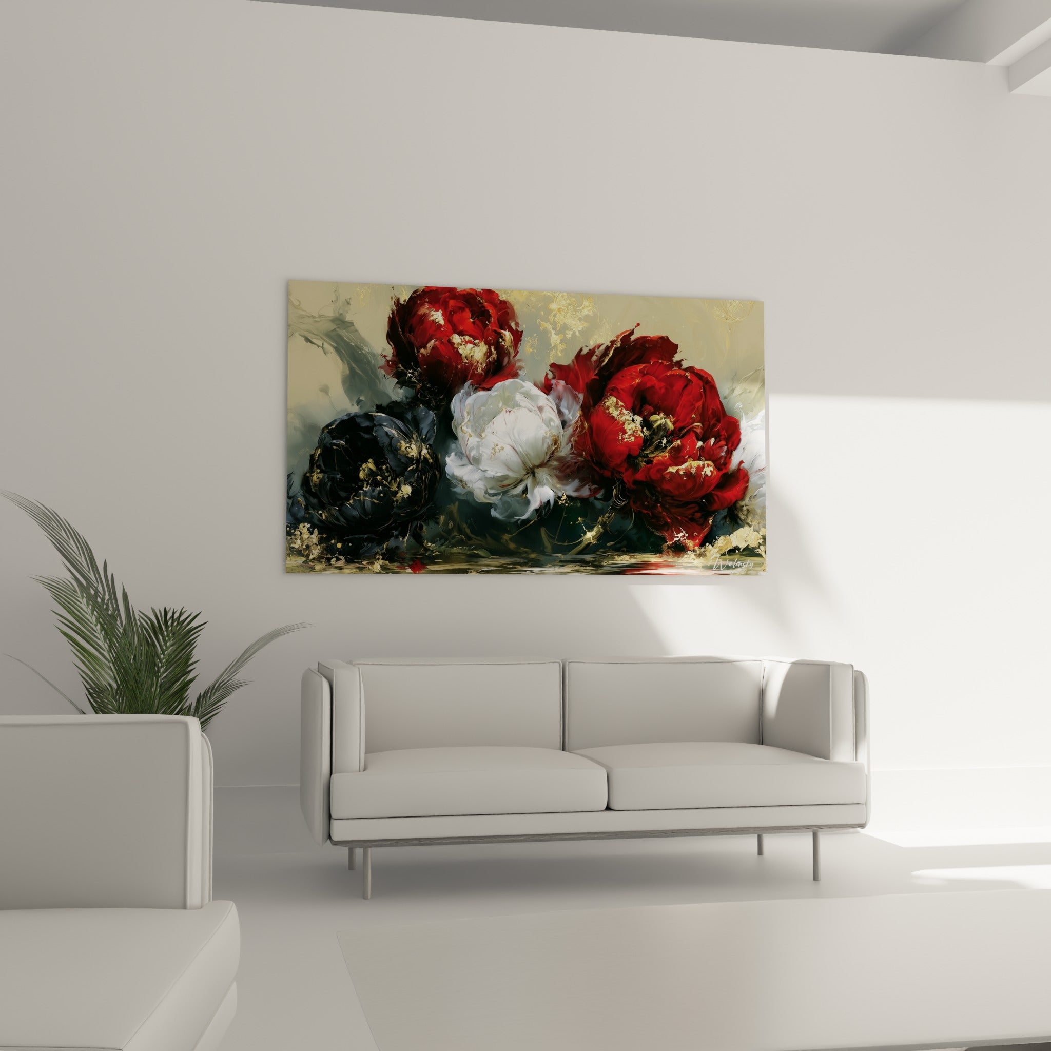 Corolles rouge et blanche aux éclats dorés composant ce tableau, au-dessus d'un canapé dans un salon lumineux