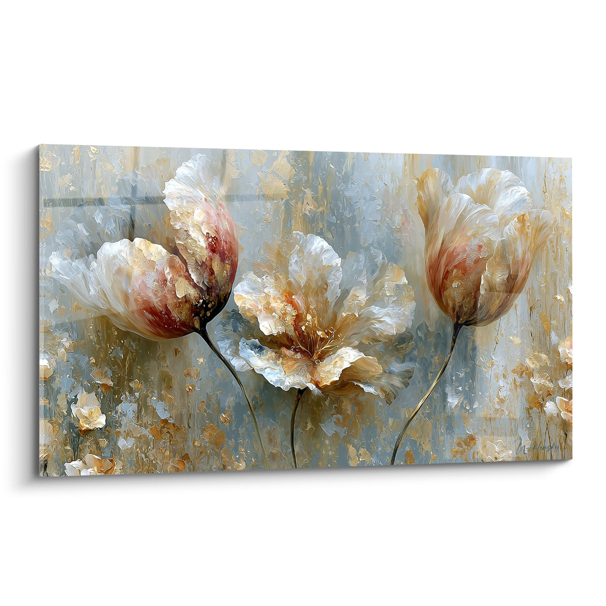 Trois tulipes blanches aux nuances dorées et terracotta sur fond bleu gris texturé