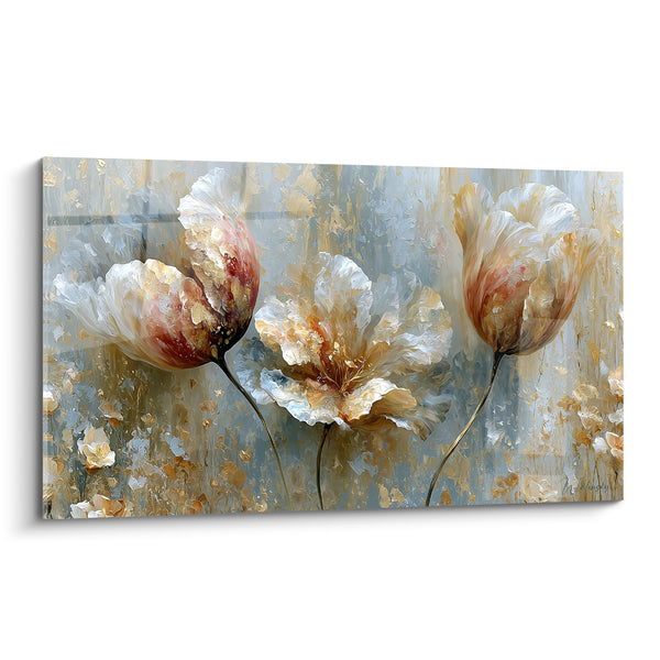 Tableau Tulipes blanches et dorées aux pétales froissés - Trio floral sur fond gris - Edition Tulipe