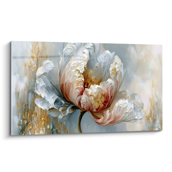 Tableau Tulipe blanche et dorée aux pétales texturés - Empâtements de peinture dorée - Edition Tulipe
