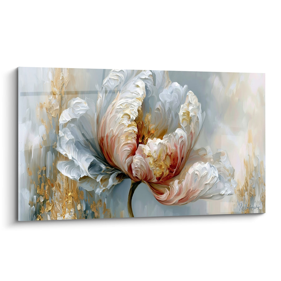 Tableau Tulipe blanche et dorée aux pétales texturés - Empâtements de peinture dorée - Edition Tulipe