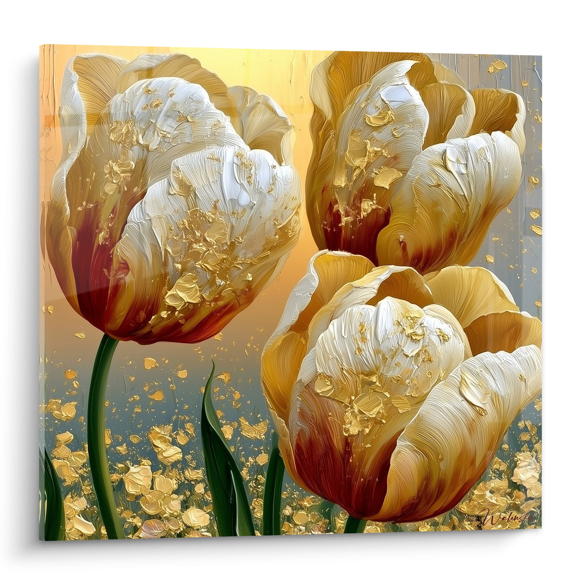 Tulipes blanches aux cœurs bordeaux et éclats dorés, pétales texturés sur fond ocre et gris.