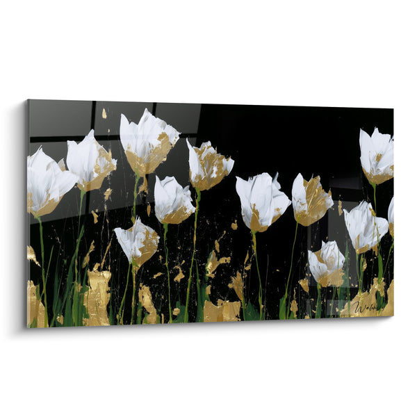 Tableau Tulipes blanches et dorées aux tiges vertes élancées - Rangée de fleurs nocturne - Edition Tulipe