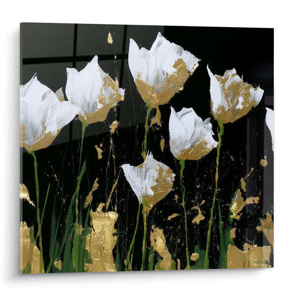 Tableau Tulipes blanches et dorées sur fond noir - Éclaboussures métalliques scintillantes - Edition Tulipe