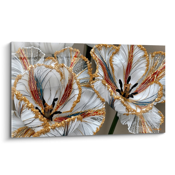 Tableau Tulipes blanches et dorées aux étamines noires - Bords pailletés scintillants - Edition Tulipe