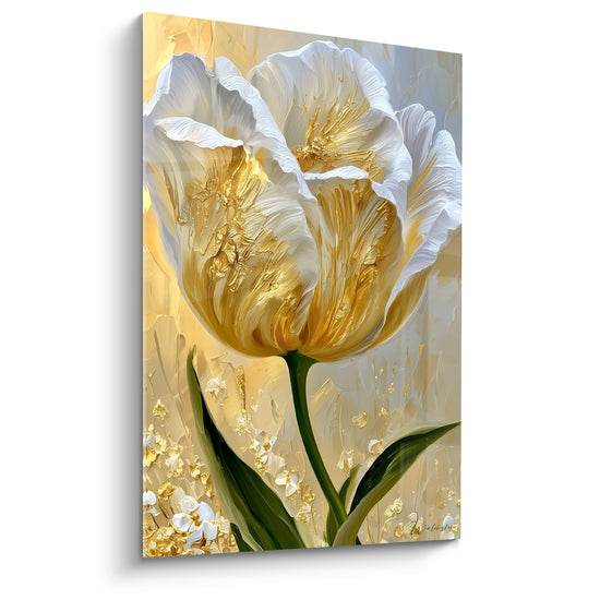 Tableau Tulipe blanche et dorée aux petites fleurs environnantes - Texture au couteau - Edition Tulipe