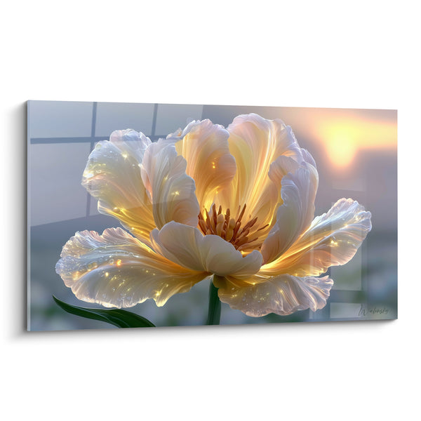 Tableau Tulipe blanche et dorée aux gouttelettes scintillantes - Soleil en arrière-plan - Edition Tulipe
