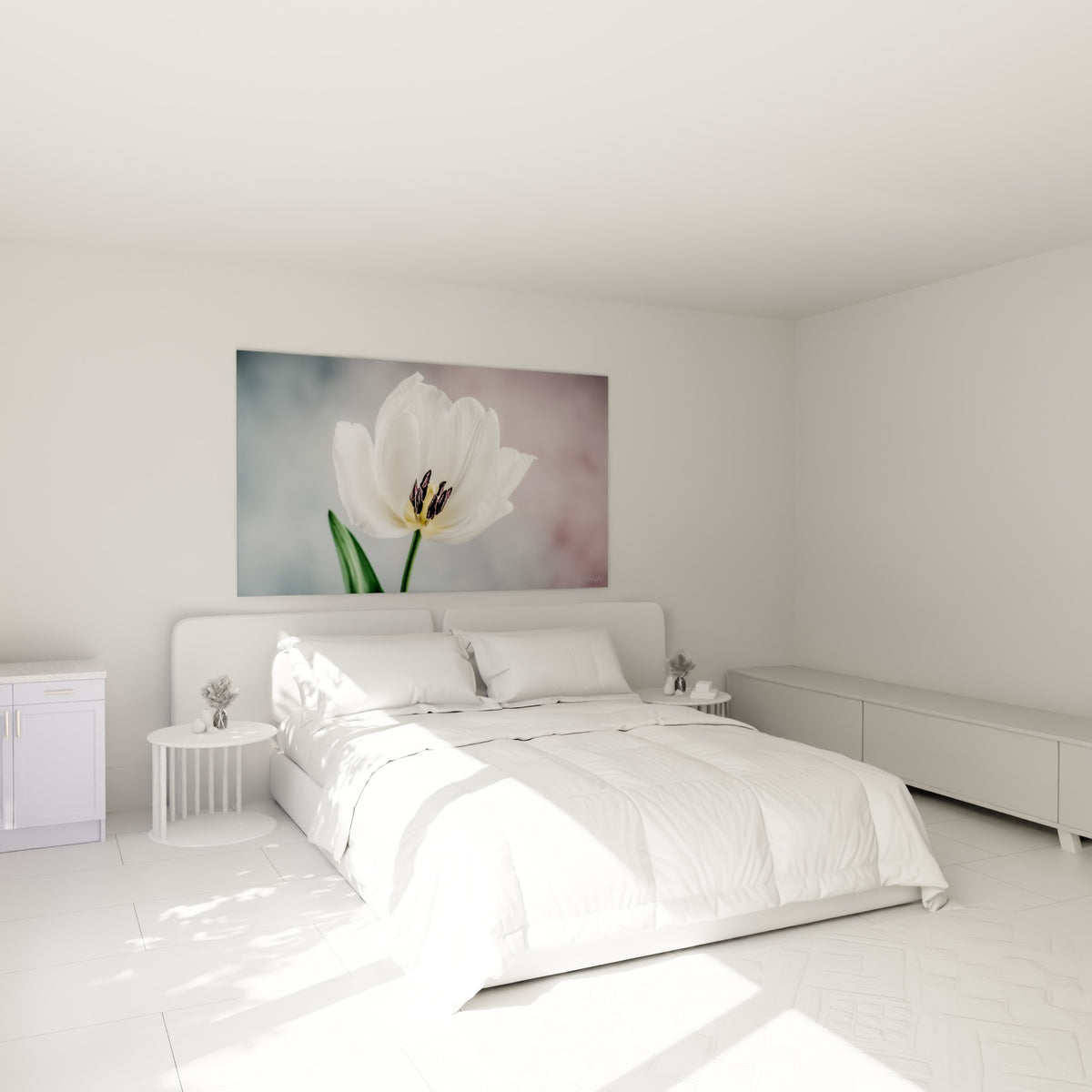 Pétales blancs veinés et cœur pourpre de la tulipe suspendus au-dessus d'un lit dans une chambre claire