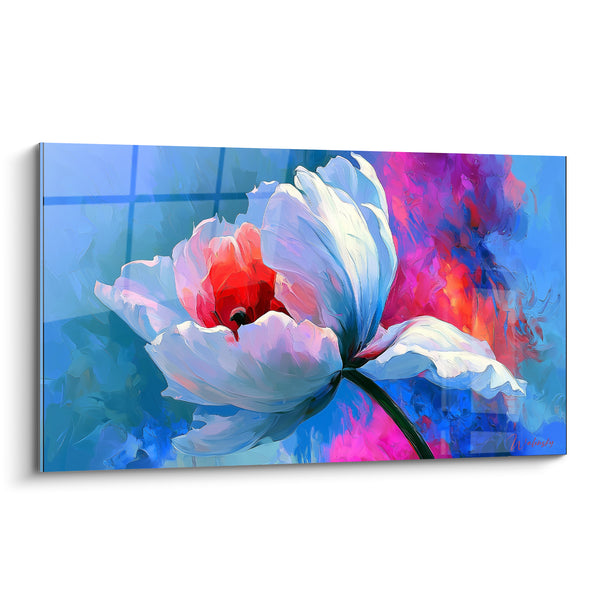 Tableau Tulipe blanche et bleue au cœur rouge - Grille vitrée en fond - Edition Tulipe