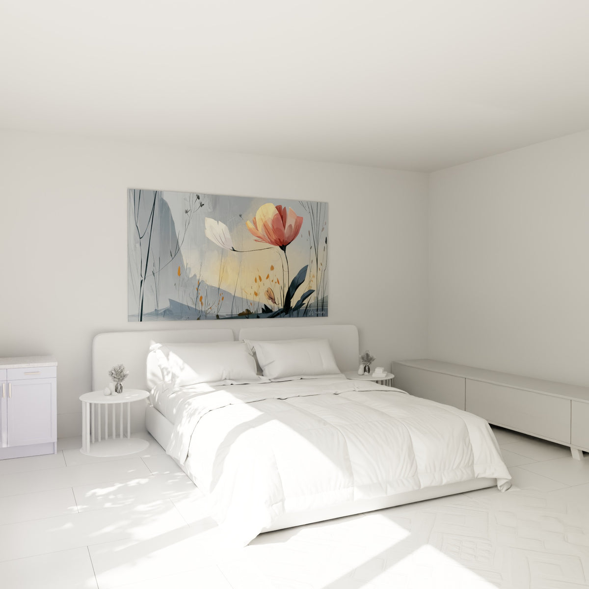 Fleur corail et blanche baignée de lumière dorée accrochée au-dessus d'un lit dans une chambre claire
