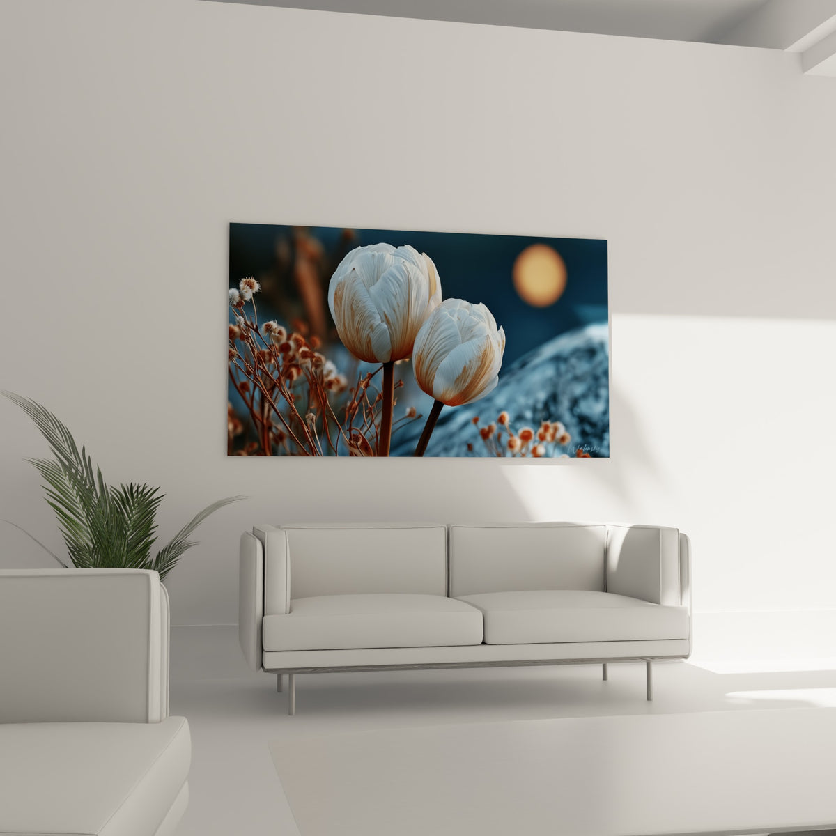 Fleurs de tulipe blanches veinées d'ambre sur fond bleu profond, au-dessus d'un canapé dans un salon lumineux