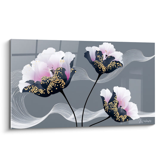Tulipes blanches aux cœurs noirs mouchetés d'or sur fond gris, style graphique raffiné