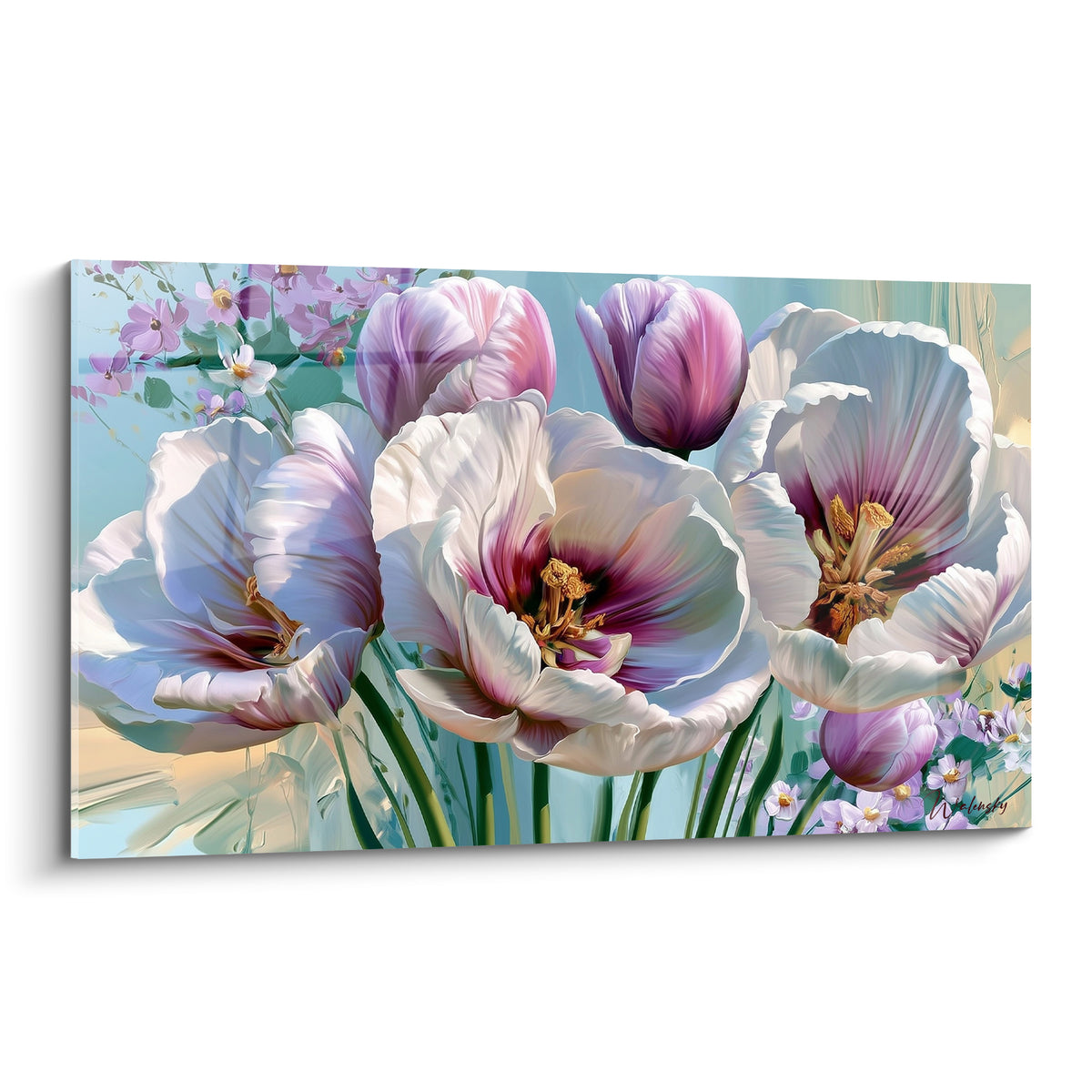 Tulipes blanches aux cœurs pourpres et dorés épanouies sur fond bleu pastel lumineux