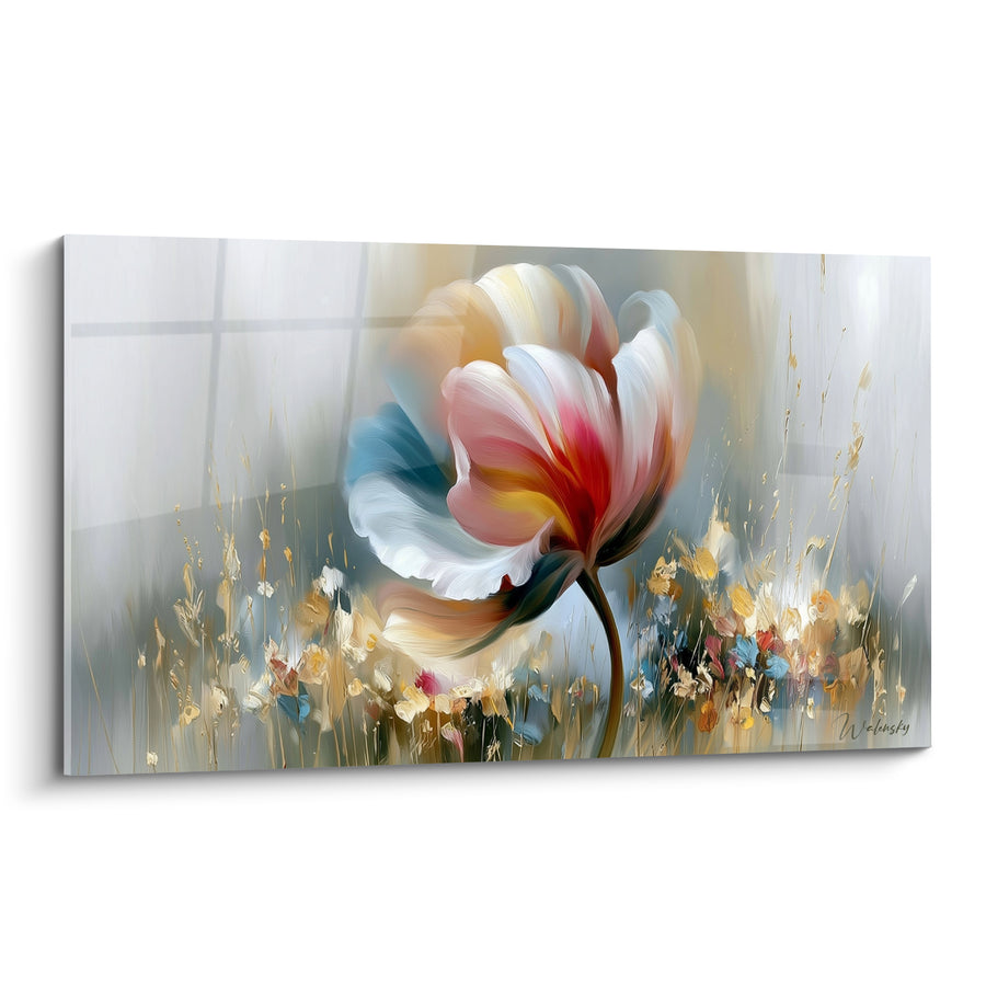 Tableau Tulipe blanche et rose aux pétales tourbillonnants - Prairie dorée en arrière-plan - Edition Tulipe