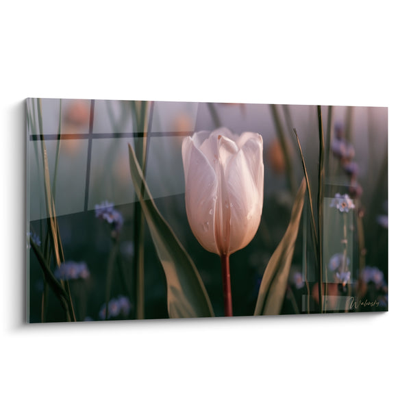 Tableau Tulipe blanche et verte parmi myosotis mauves - Vitrage à cadres superposés - Edition Tulipe
