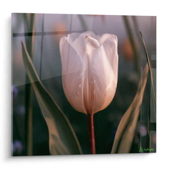 Tulipe blanche aux pétales rosés perlés de rosée, tige bordeaux, fond flou vert olive
