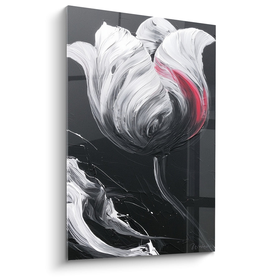 Tableau Tulipe blanche et noire striée d'une flamme rouge - Empâtement tourbillonnant en clair-obscur - Edition Tulipe