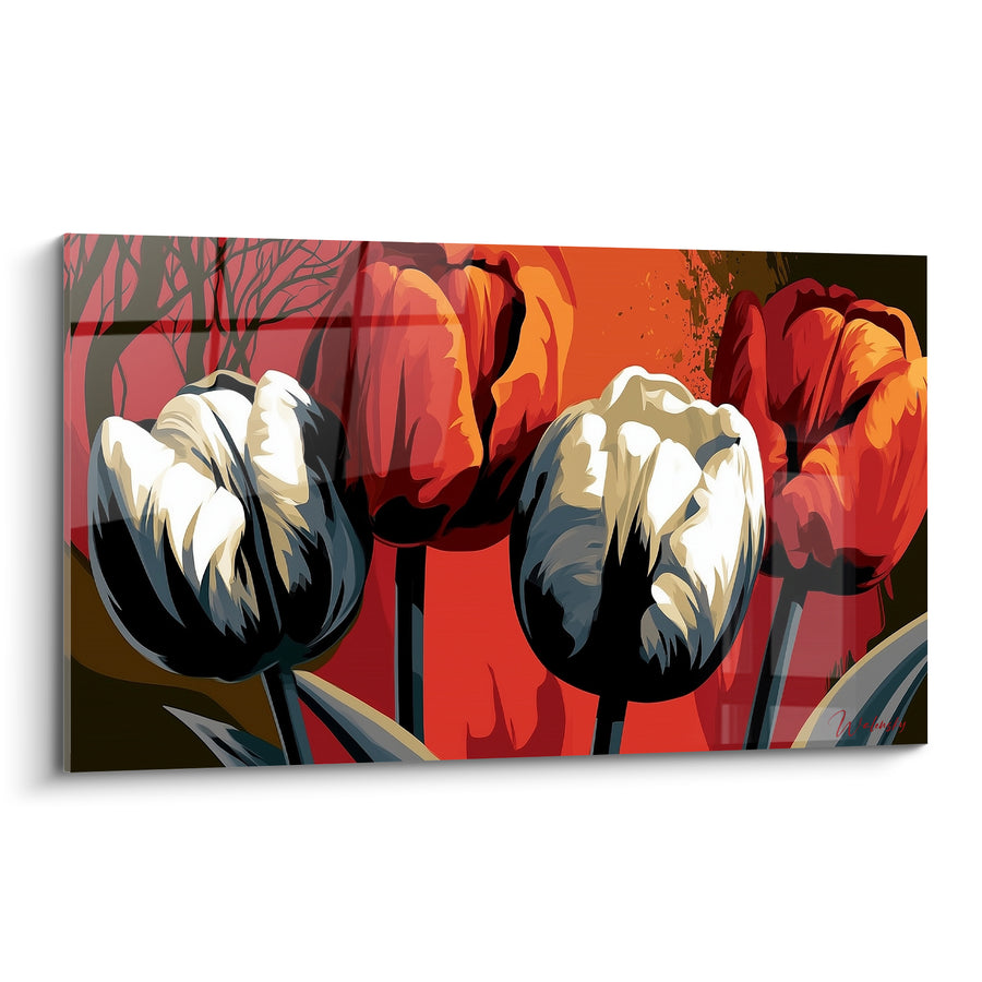 Tableau Tulipes blanches et rouges au fond ardent - Embrasement floral - Edition Tulipe