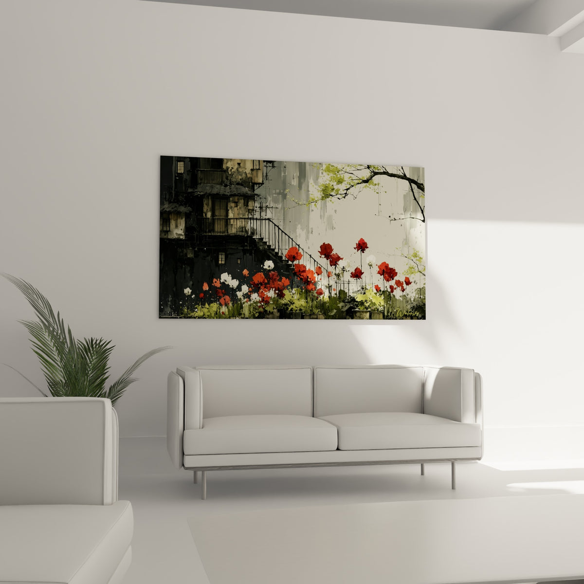 Fleurs de tulipes blanches et rouges accrochées au-dessus d'un canapé dans un salon lumineux