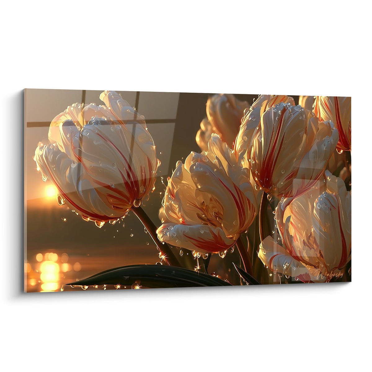 Tulipes blanches striées de rouge, gouttes de rosée scintillantes, lumière dorée en arrière-plan
