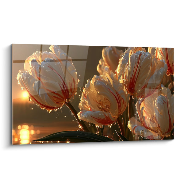 Tableau Tulipes blanches et rouges perlées de rosée - Reflets de soleil couchant - Edition Tulipe