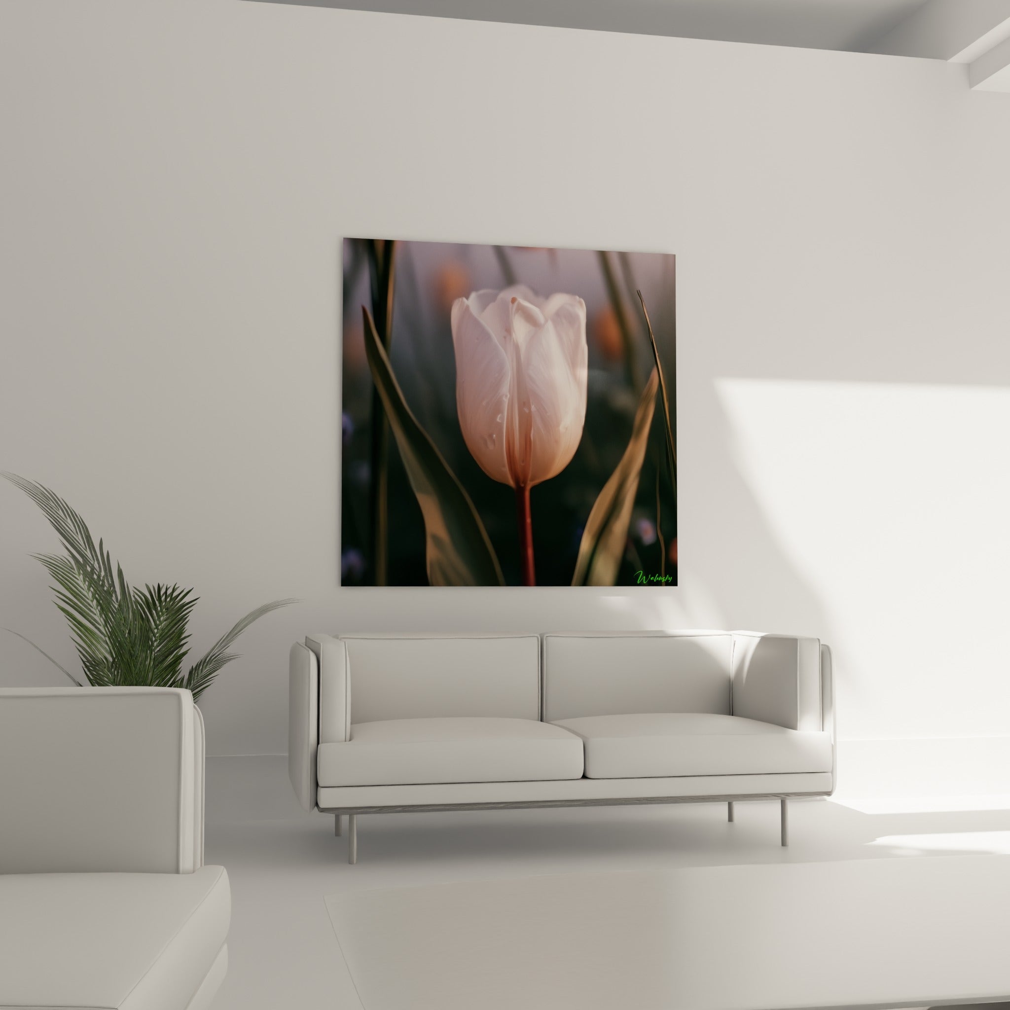 Tulipe blanche à tige bordeaux et gouttelettes fines, disposée au-dessus d'un canapé dans un salon lumineux