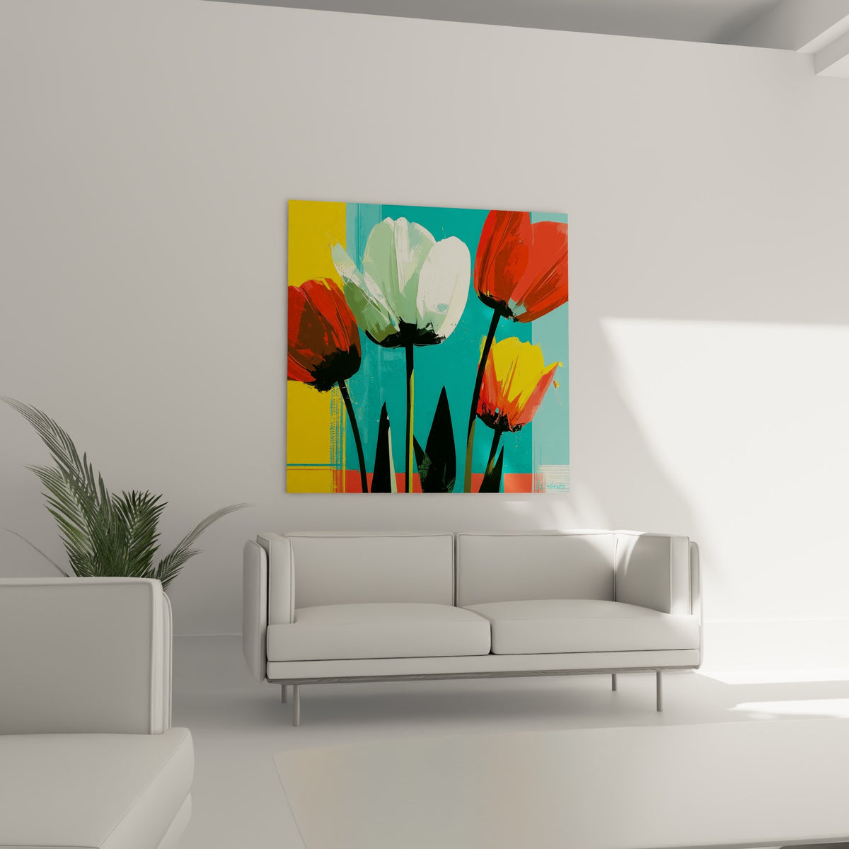 Tulipes jaunes et blanches sur fond turquoise disposées au-dessus d'un canapé dans un salon lumineux