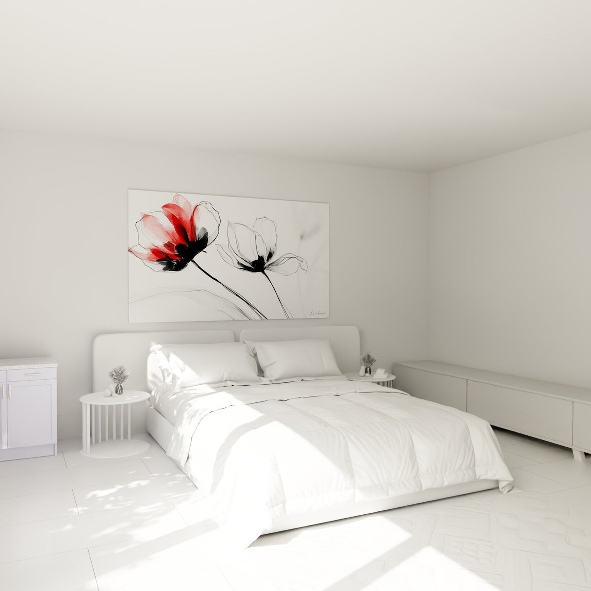 Tulipes rouge et blanche translucides accrochées au-dessus d'un lit dans une chambre claire