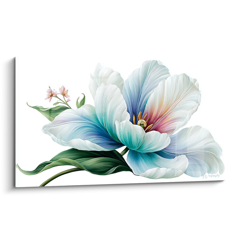 Tableau Tulipe blanche et turquoise aux petites fleurs roses - Étamines dorées visibles - Edition Tulipe