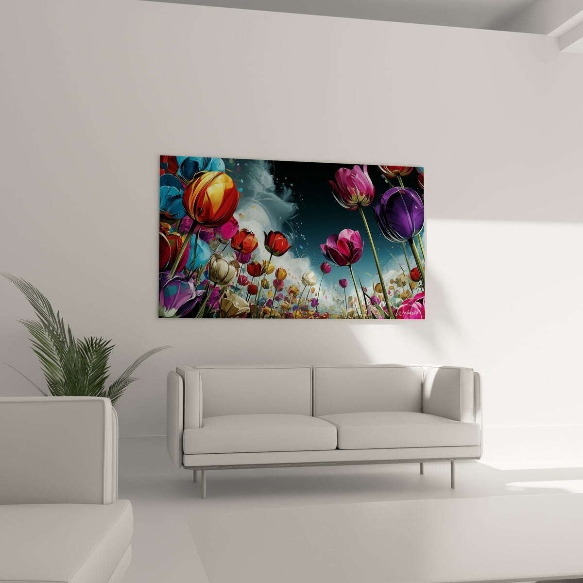 Bouquet de tulipes bleu ciel et rouge carmin en perspective, au-dessus d'un canapé dans un salon lumineux