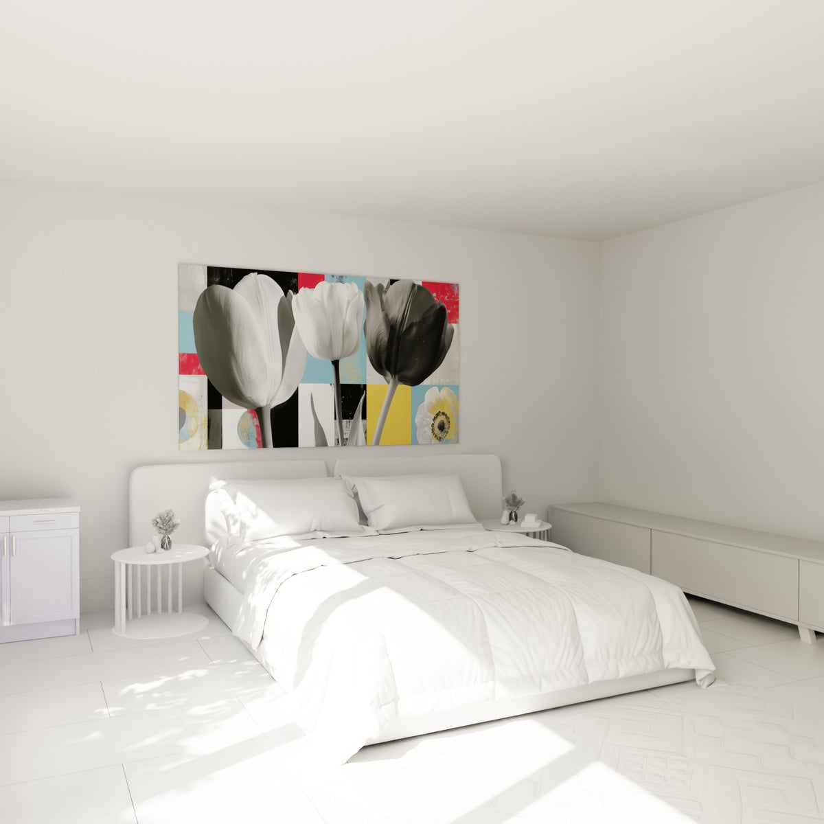 Tulipes en camaïeu gris et fond bleu jaune accrochées au-dessus d'un lit dans une chambre claire
