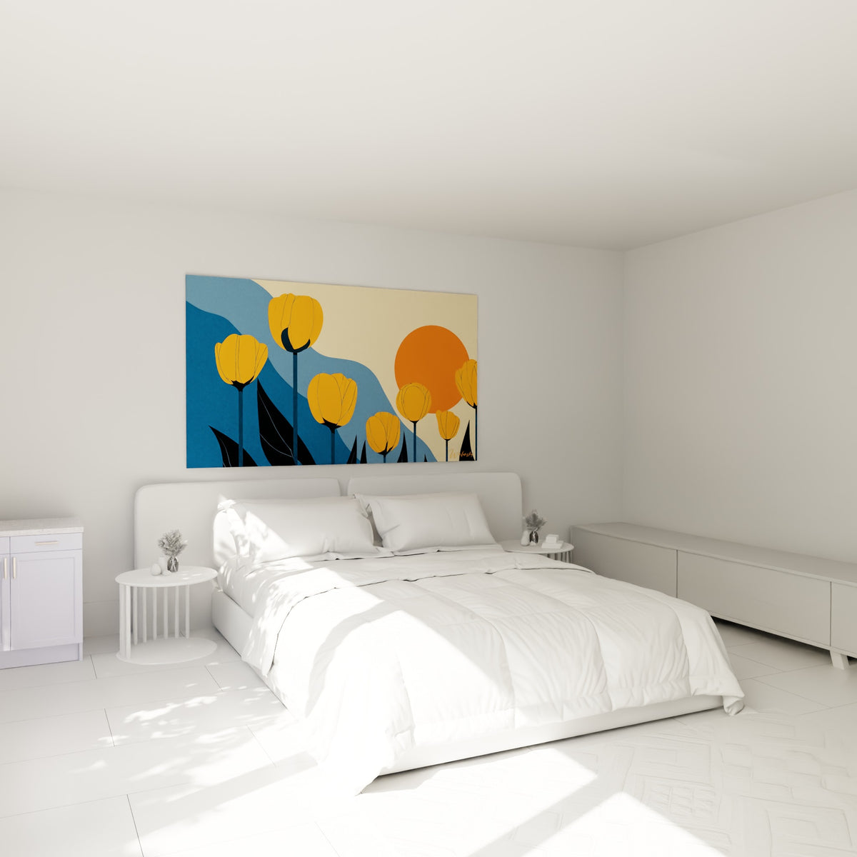 Tulipes orange et fond bleu profond avec soleil ocre, accrochées au-dessus d'un lit dans une chambre claire