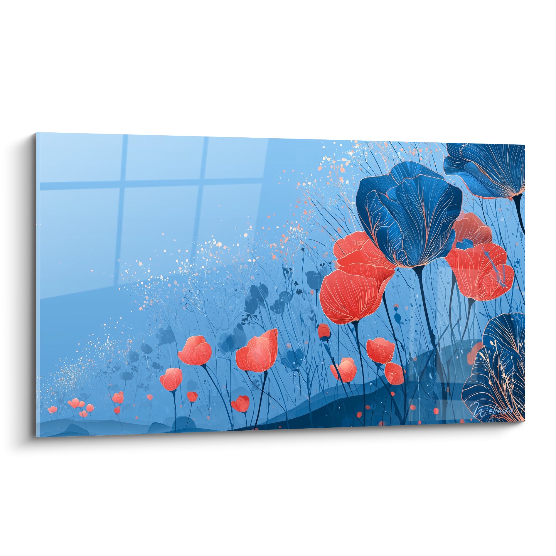 Tulipes bleu marine et corail aux pétales fins, style illustratif sur fond dégradé bleuté lumineux