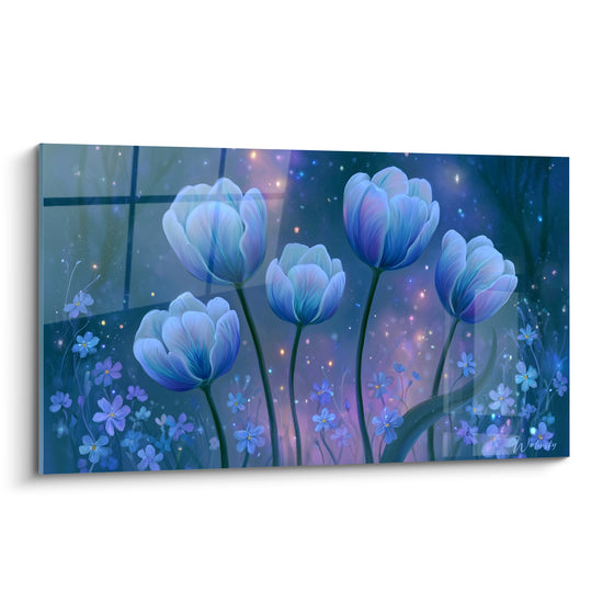 Tulipes bleu marine et violettes s'élevant sous un ciel étoilé scintillant, style onirique lumineux