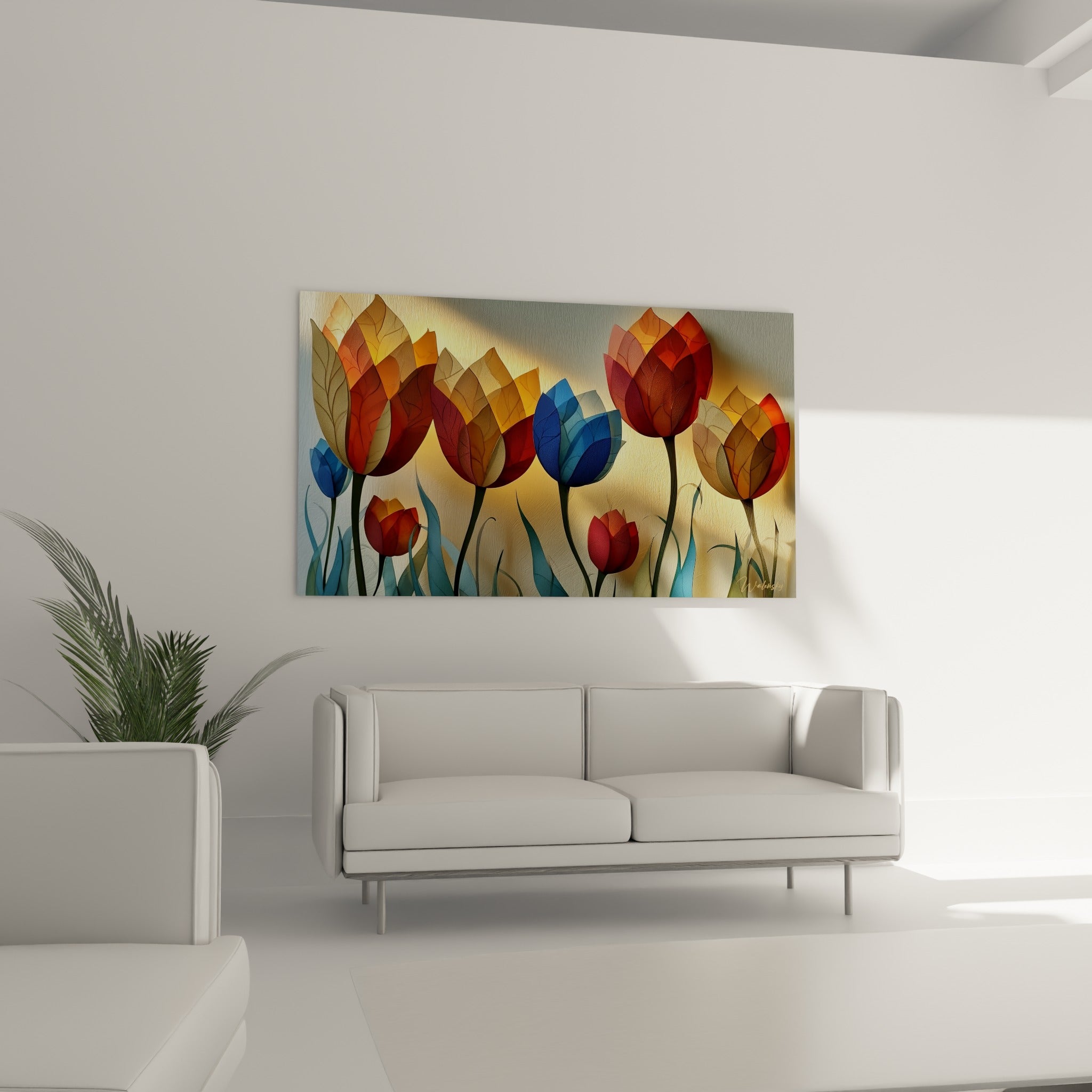 Pétales de tulipes ocre et bleu marine superposés en transparence, accrochés au-dessus d'un canapé dans un salon lumineux