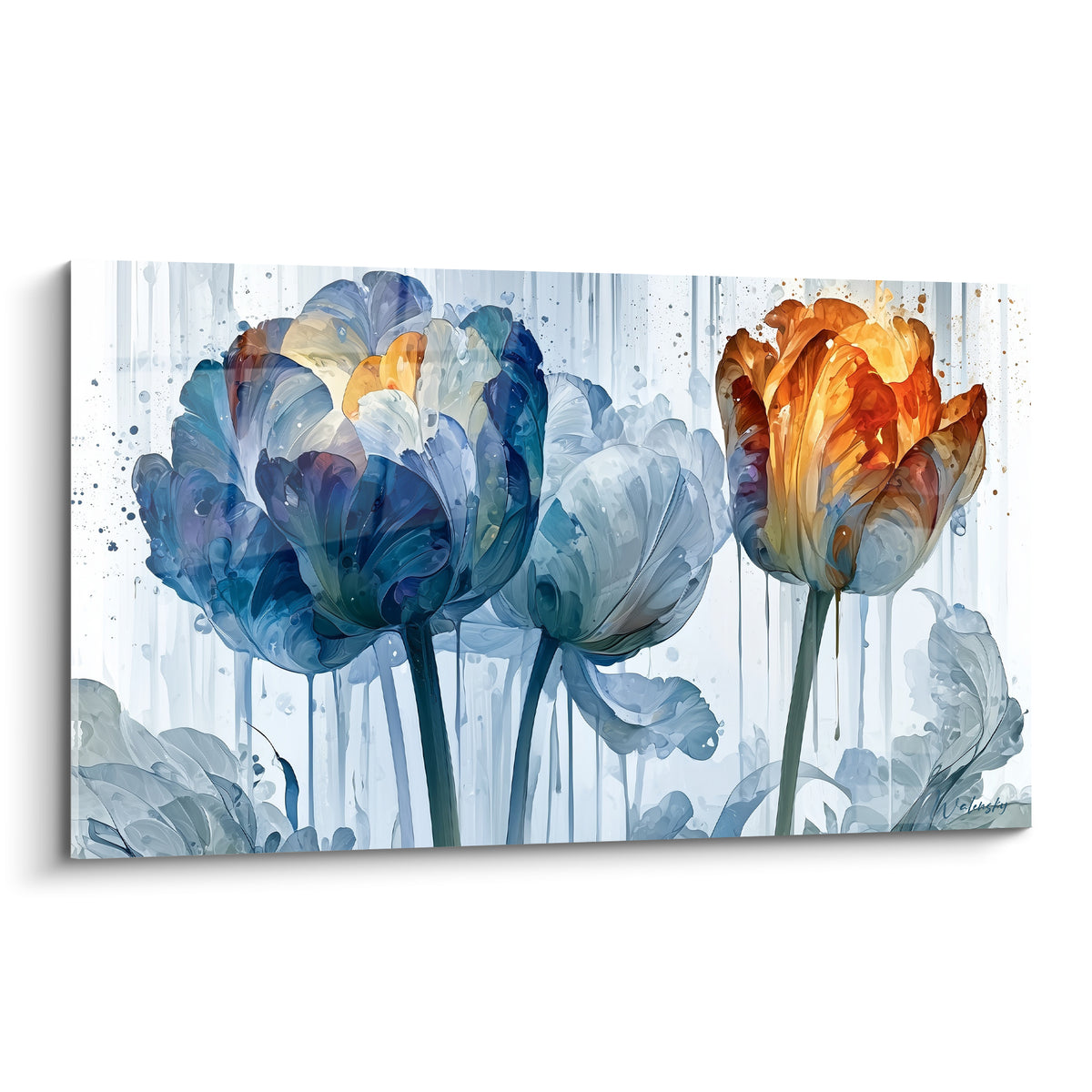 Tulipes bleu marine et orange en aquarelle, pétales translucides et coulures grises sur fond clair
