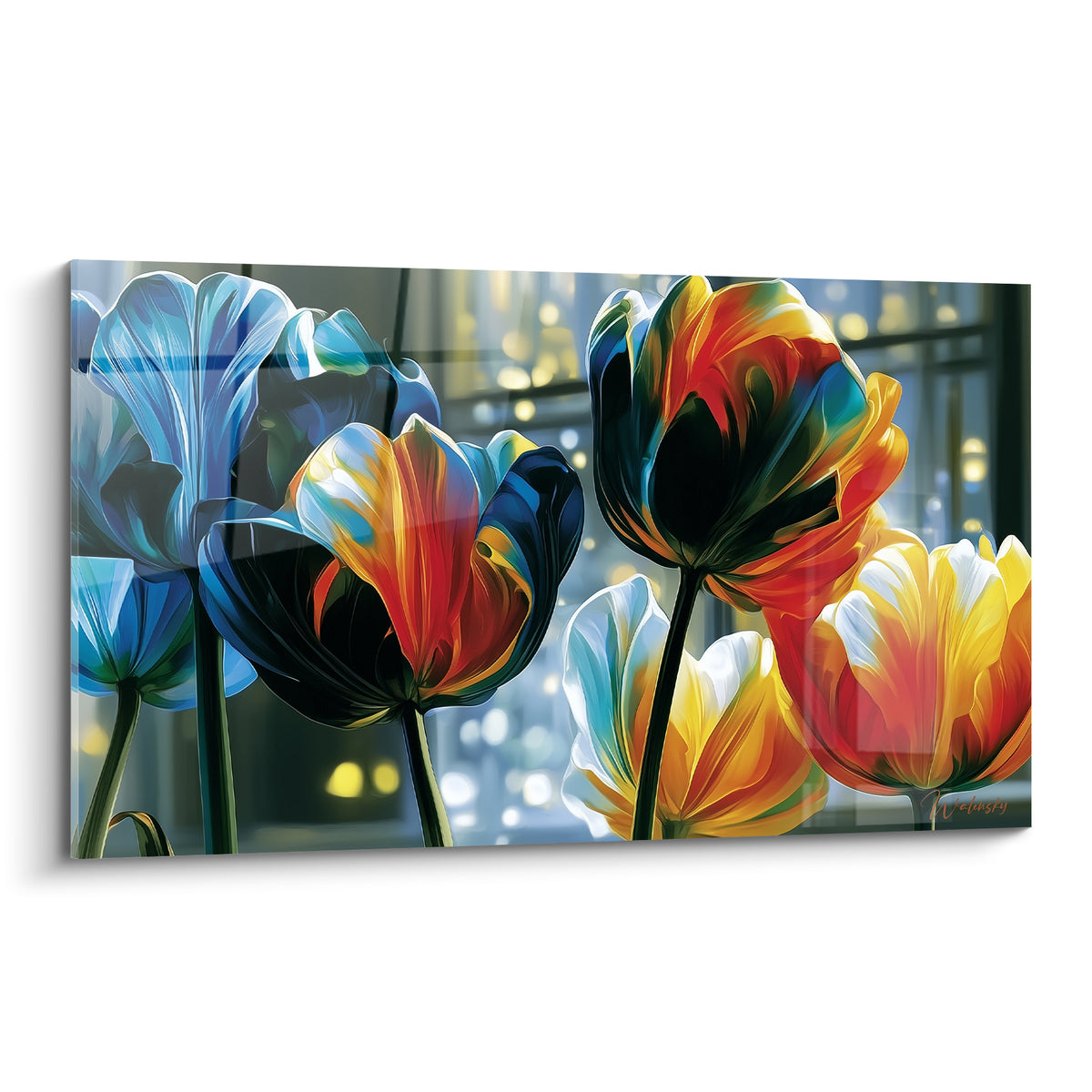 Tulipes bleu marine et orangé aux pétales lumineux sur fond urbain flouté