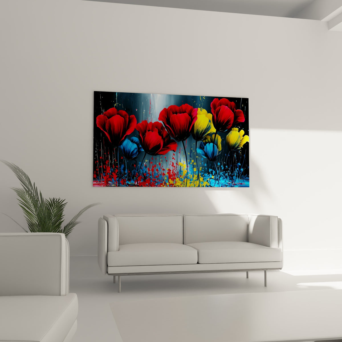 Tulipes jaune ocre et rouge vif jaillissant d'un fond sombre, placées au-dessus d'un canapé dans un salon lumineux