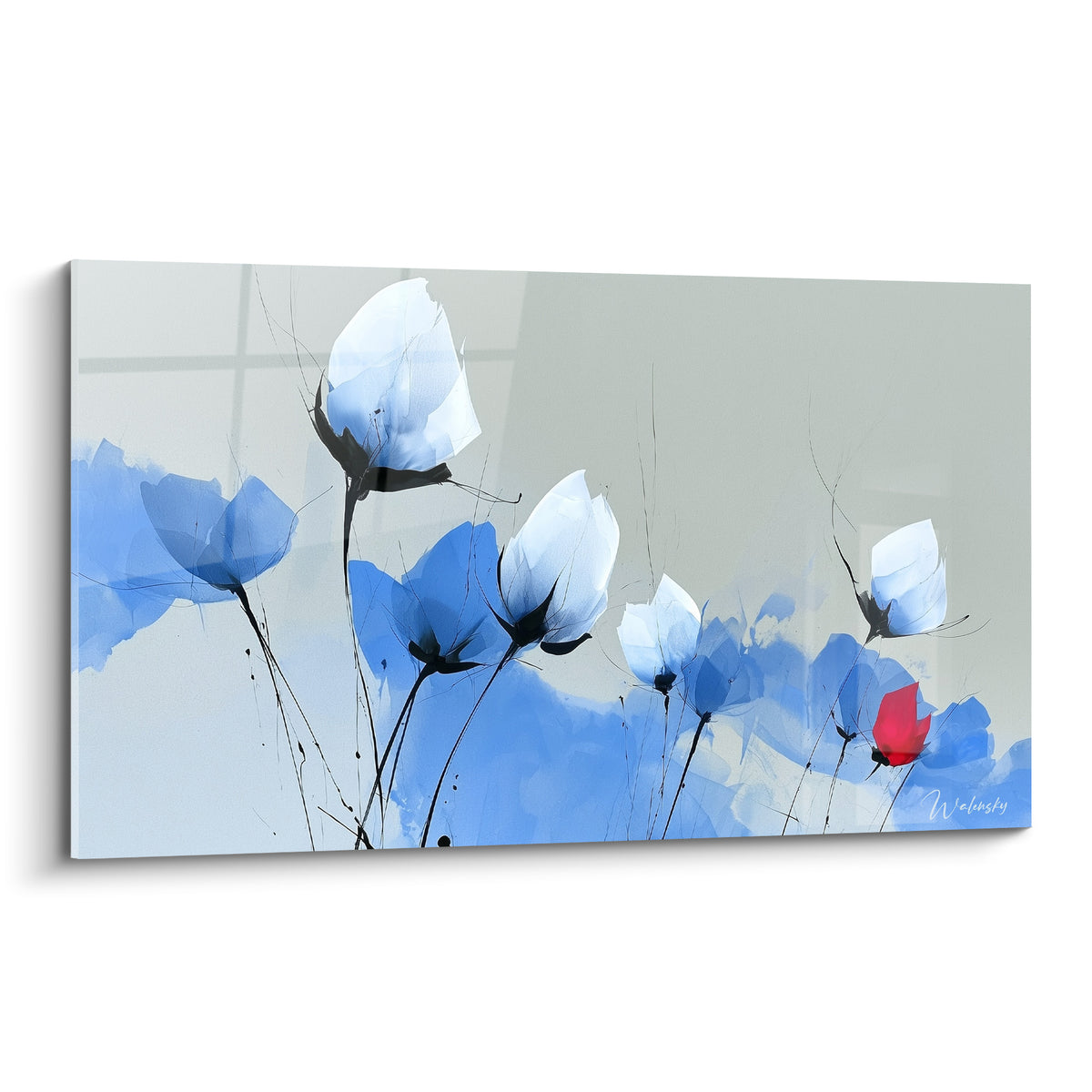 Tulipes bleu marine et blanches se penchent sur fond gris clair, tracées à l'encre noire