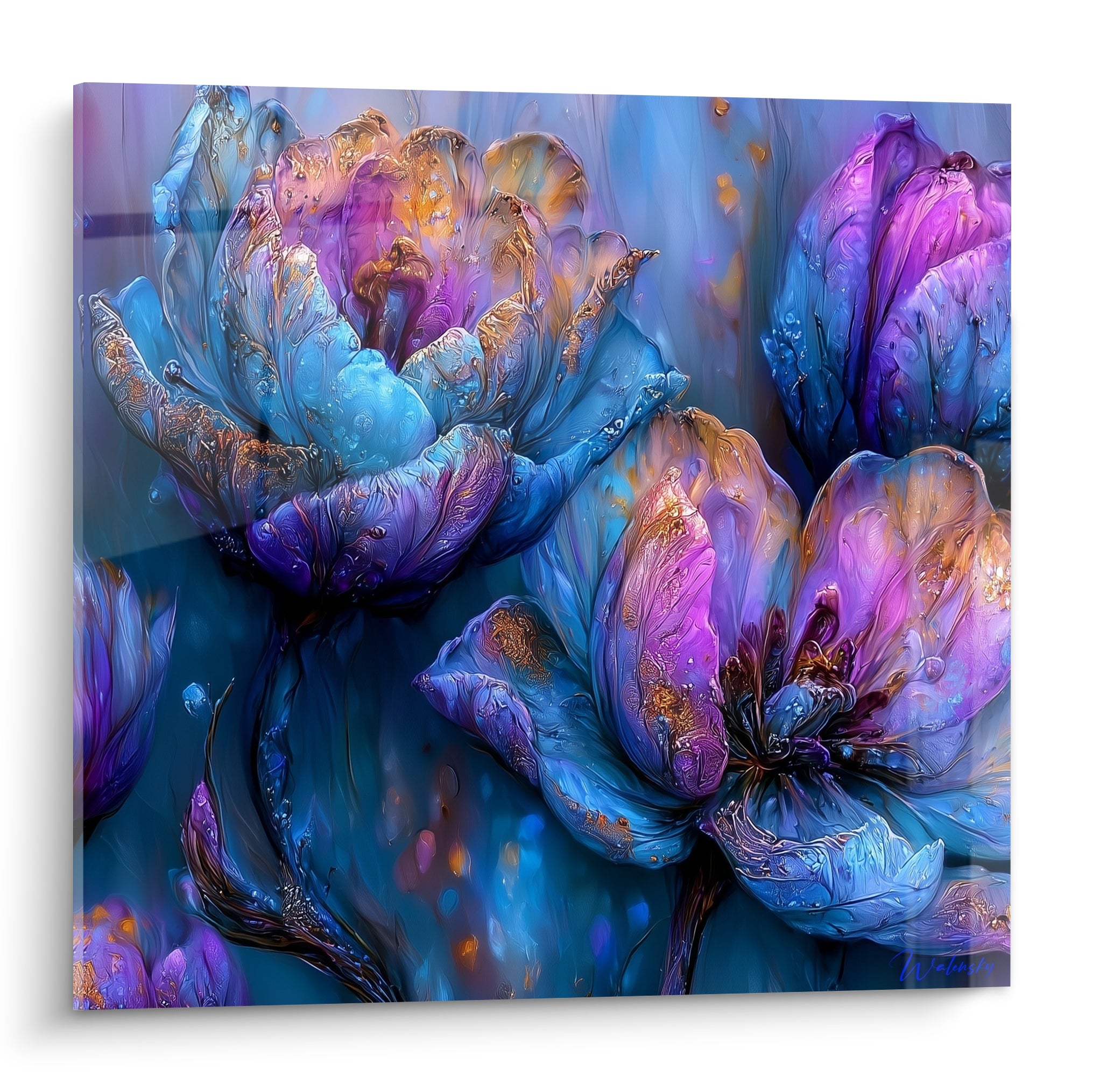 Tulipe aux pétales bleu marine et violets, reflets dorés, texture proche du verre fondu