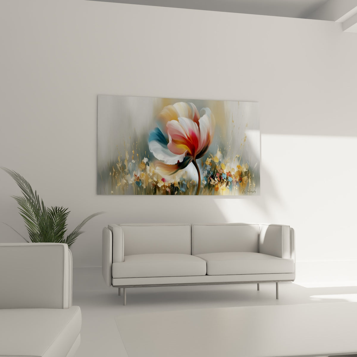 Pétales tulipe blanc cassé et bleu pastel, éclats dorés, au-dessus d'un canapé dans un salon lumineux
