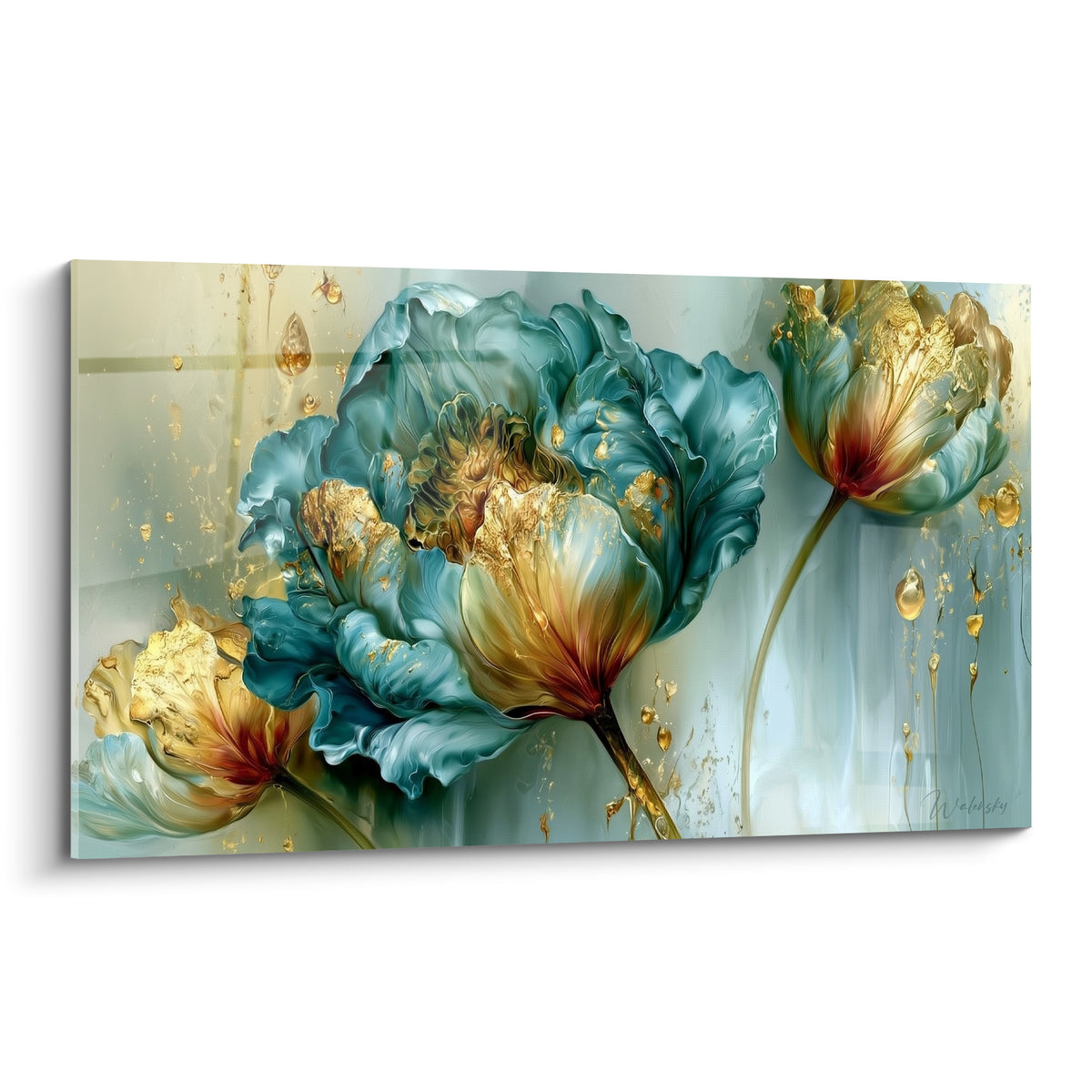 Tulipes bleu turquoise et doré aux pétales sculptés, composition florale raffinée sur fond clair