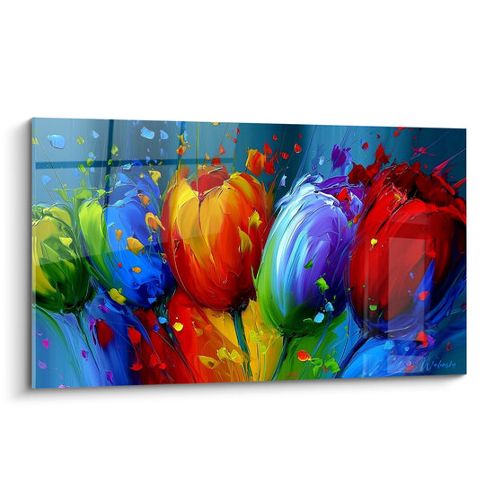 Tulipes bleu turquoise et orange vif peintes en empâtements épais sur fond sombre