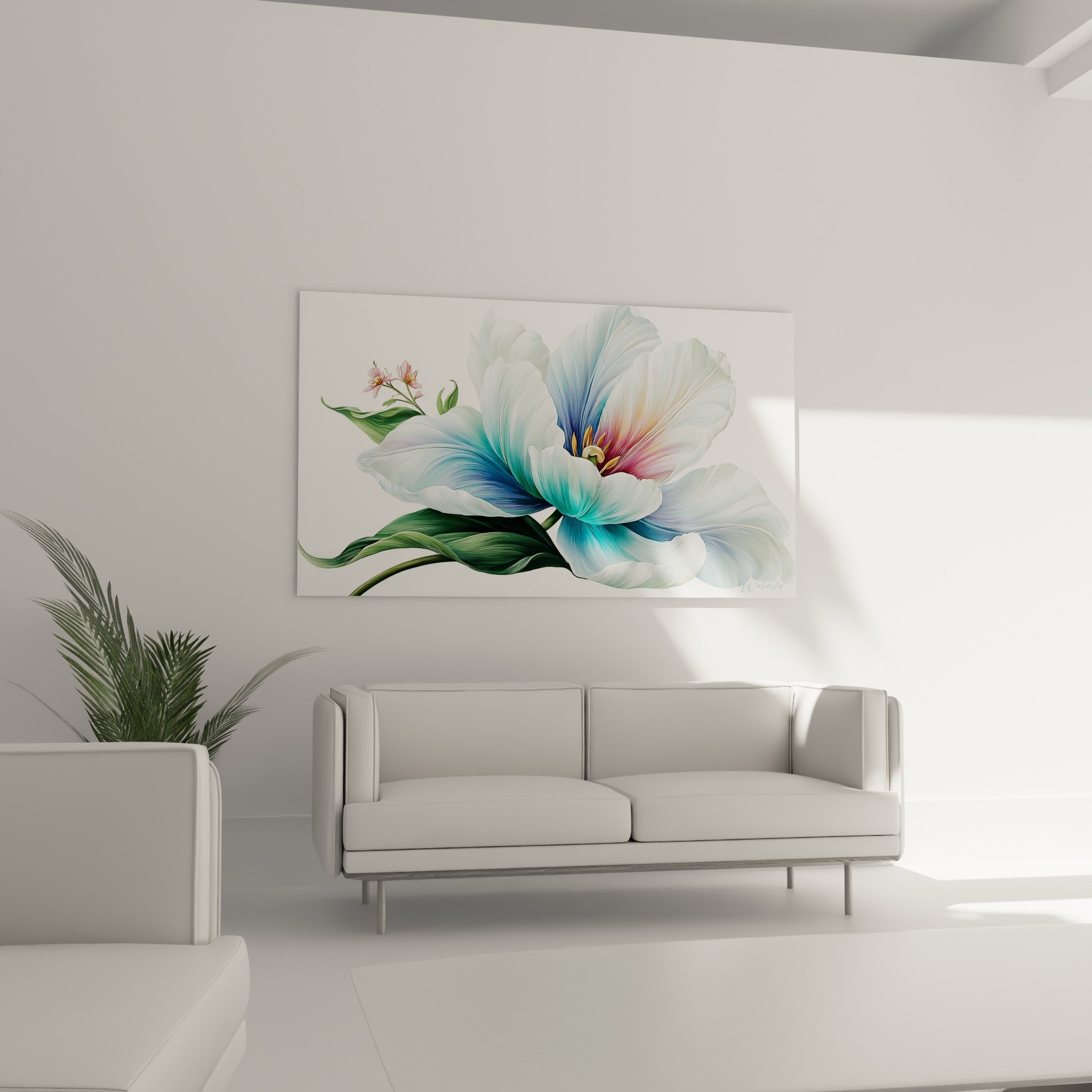 Fleur de tulipe blanche aux nuances bleutées accrochée au-dessus d'un canapé dans un salon lumineux