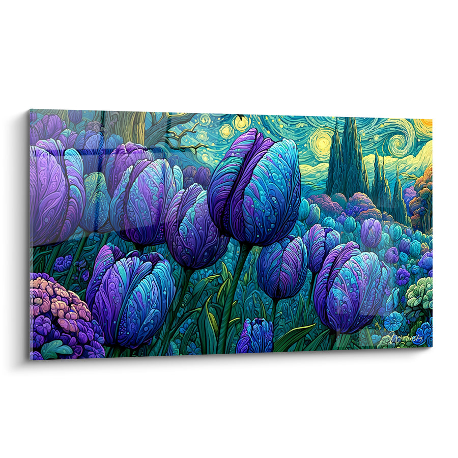 Tableau Tulipes bleues et violettes sous ciel tourbillonnant - Nuit enchantée - Edition Tulipe